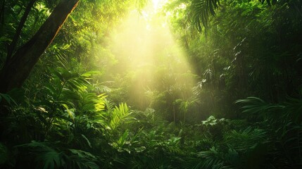 Fototapeta premium Sunlight filters through the thick green canopy of a vibrant tropical jungle