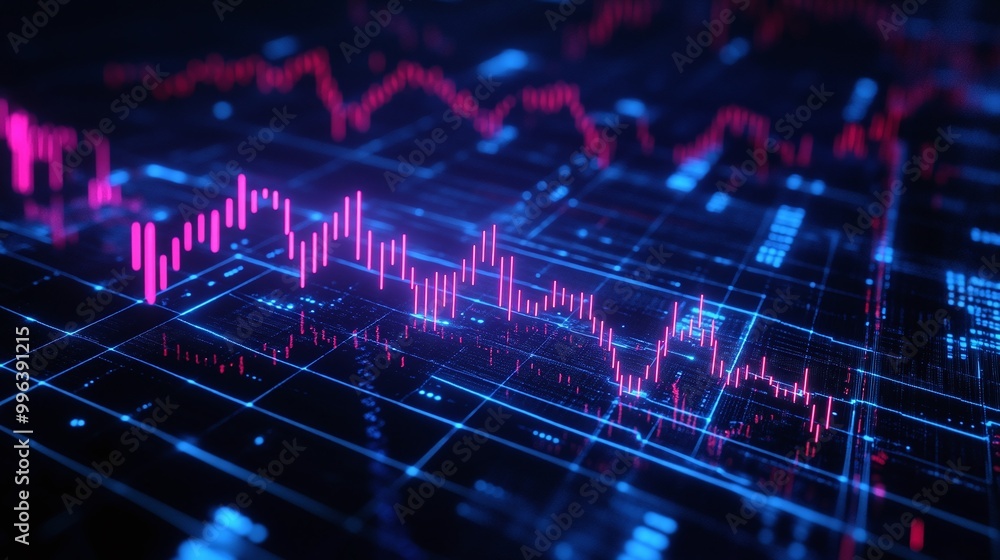 Poster abstract representation of financial trading data with graphs and digital elements in vibrant colors