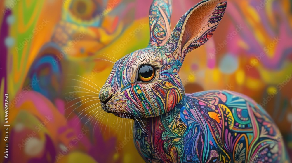 Poster a rabbit creatively adorned with colorful patterns and lines