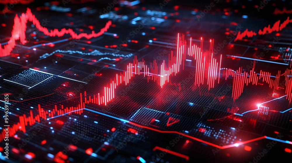 Poster abstract representation of financial trading data with vibrant red and blue colors on a digital scre