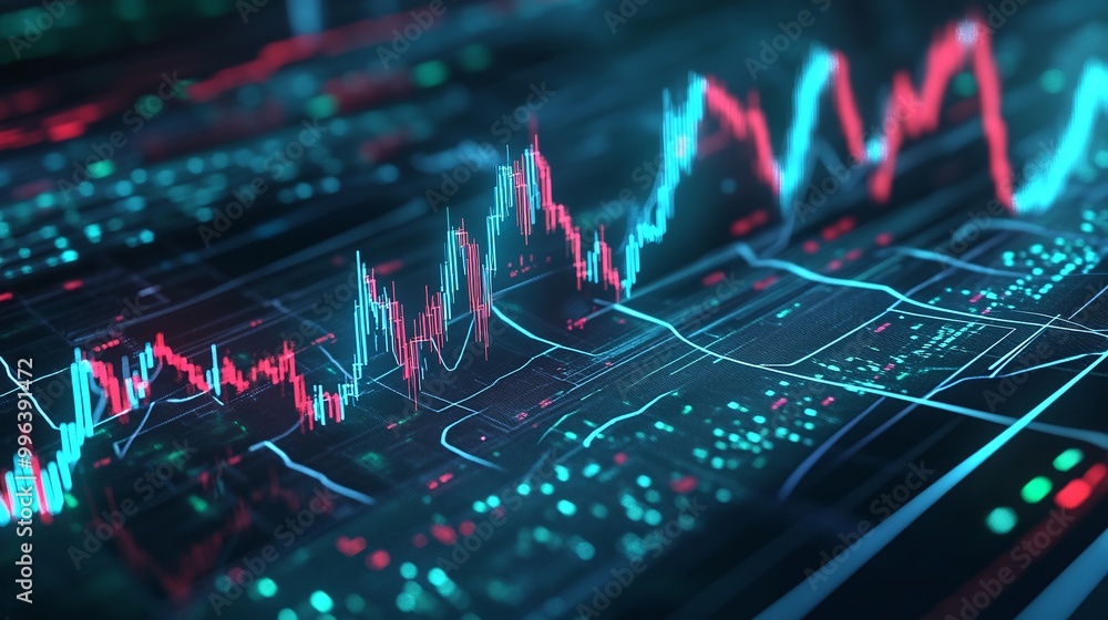 Poster abstract representation of stock market trends with colorful digital graphs on a dark background.