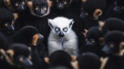 Obraz premium Albino lemur stands out among dark peers