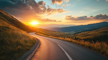 Traveling boys journey along a mountain road during a summer evening sunset