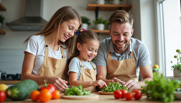 Happy family with little children preparing salad together, engaged in their culinary activity teamwork and joy of cooking with fresh vegetables healthy and nutritious nature of meal