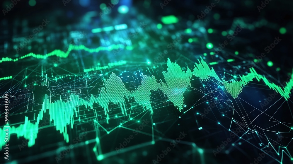 Poster abstract sound wave visualization in green tones, featuring interconnected data points and digital e