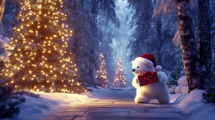 Fototapeta premium Adorable fluffy polar bear wearing Christmas hat holding red Christmas gift box in his paws, snow covered trees adorned with blinking lights around him. Christmas and New Year greeting card design.