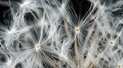 White dandelion seeds in close up macro detail against a black background showcasing intricate textures