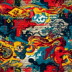 Urban Chaos Vibrant Graffiti Patterns Blending Cartoon Characters, Swirling Shapes, and Colorful Drips on a Textured Brick Canvas