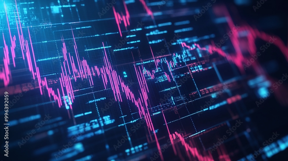 Poster abstract stock market chart with glowing pink lines and data visualization elements on a dark backgr
