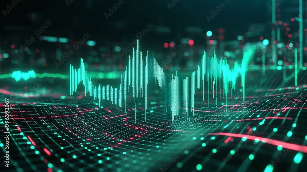 Poster abstract sound wave visualization in turquoise and red, representing audio patterns and digital data