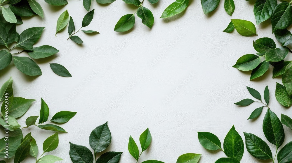 Poster green leaf border frame flat lay composition showcasing freshness with ample copy space for card inv