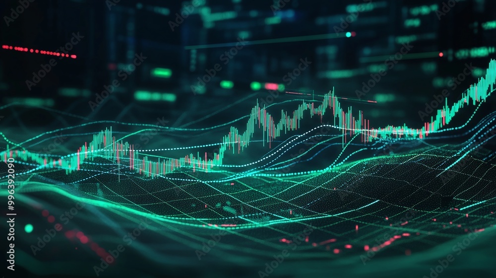 Poster abstract stock market data visualization with glowing lines and graphs on a dark background.