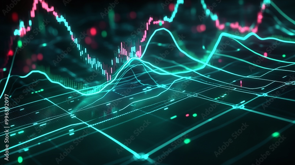 Poster abstract stock market data visualization with glowing charts and digital graphs against a dark backg
