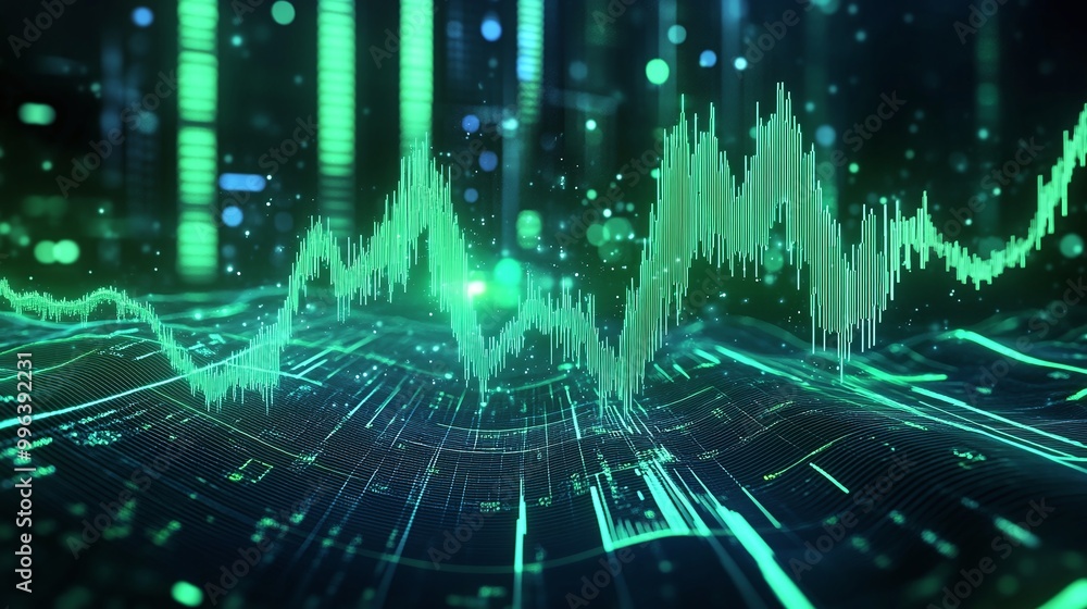 Poster abstract stock market data visualization with vibrant green lines and digital elements representing 