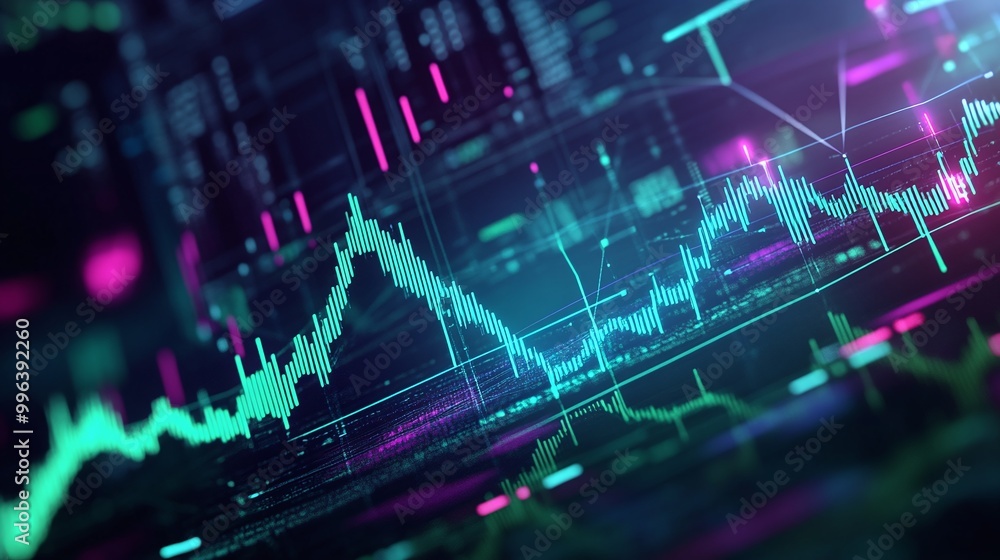 Poster abstract stock market graph with colorful data lines and glowing elements on a dark background.