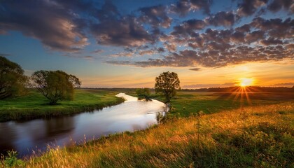 Fototapeta premium Serene Sunrise Over Tranquil River Landscape