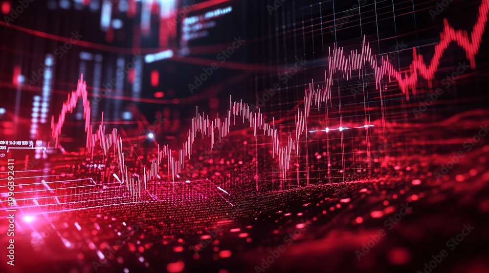 Poster abstract technology background featuring red financial data graphs and charts.