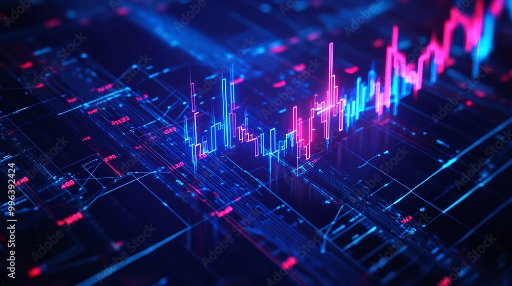 Poster abstract technology background with colorful data visualization and digital graphs on a dark surface