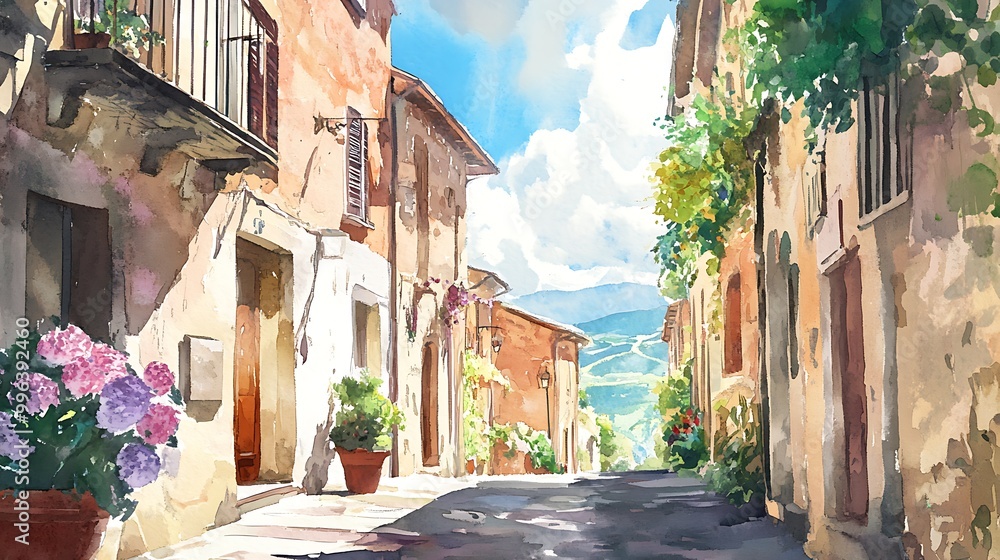 Sticker Watercolor Painting of a Charming European Village Street.