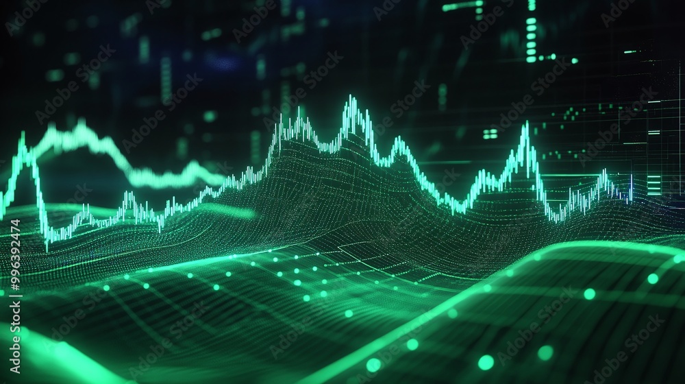 Poster abstract technology background with green data visualization, waveforms, and graphs representing inf