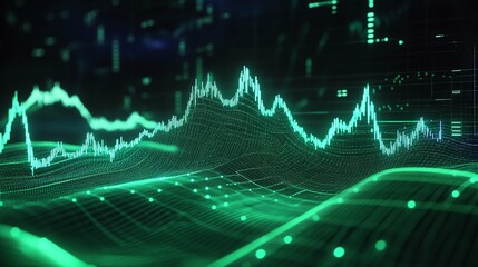 Abstract technology background with green data visualization, waveforms, and graphs representing information and analytics.
