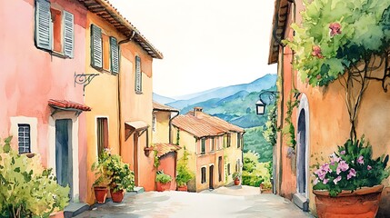 Watercolor Painting of a Charming Italian Village Street.