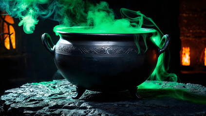 Cauldron with bubbling green glowing potion isolated on a dark foggy background, surrounded by eerie mist. Perfect for spooky Halloween scenes, witches' brew, haunted atmospheres, and magical potions.