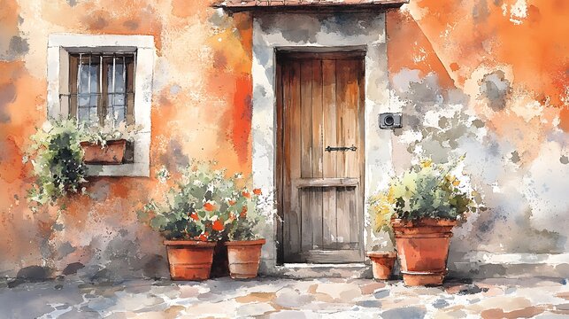 Watercolor Painting of a Doorway with Flower Pots.