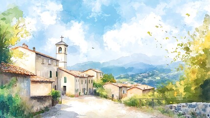 Fototapeta premium Watercolor Painting of a Charming Italian Village with Mountains in the Background.