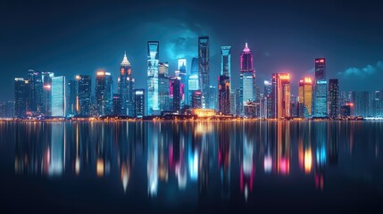 Fototapeta premium A dynamic cityscape featuring multiple global monuments illuminated at night, representing the vibrancy and charm of international travel.