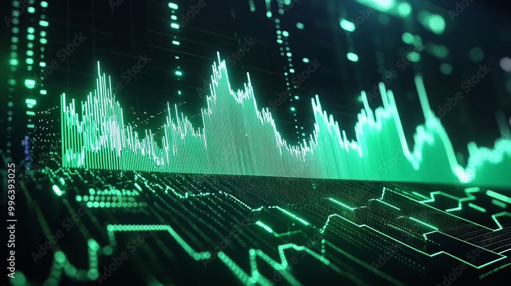 Poster abstract visualization of a digital data wave with green neon colors representing analytics and data