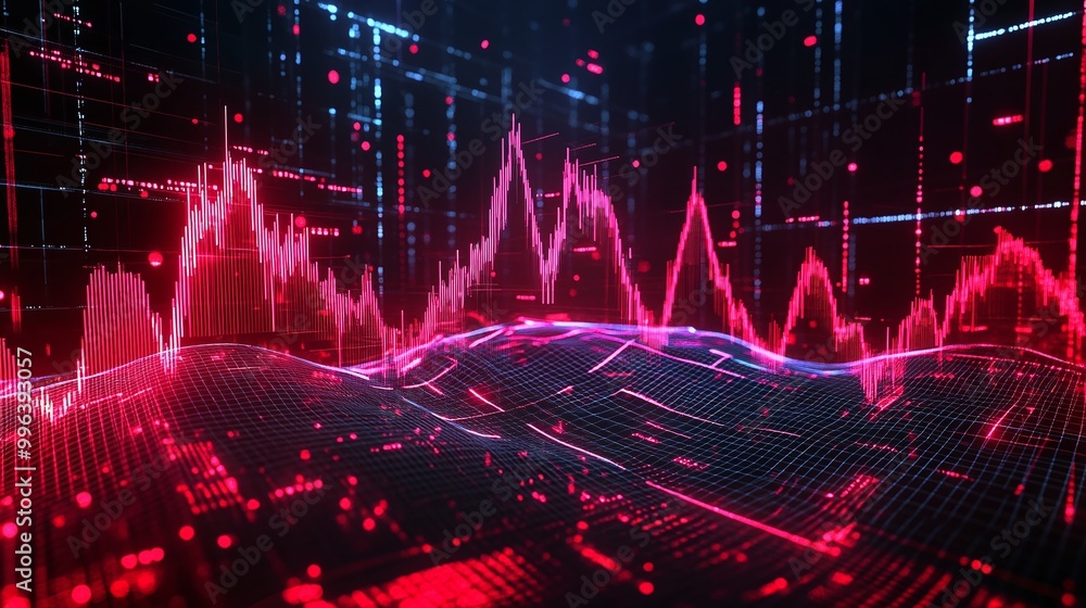 Poster abstract visualization of a digital landscape with red wave patterns and data streams.