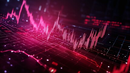 Fototapeta premium Abstract visualization of a financial data chart with vibrant pink lines and digital elements against a dark background.
