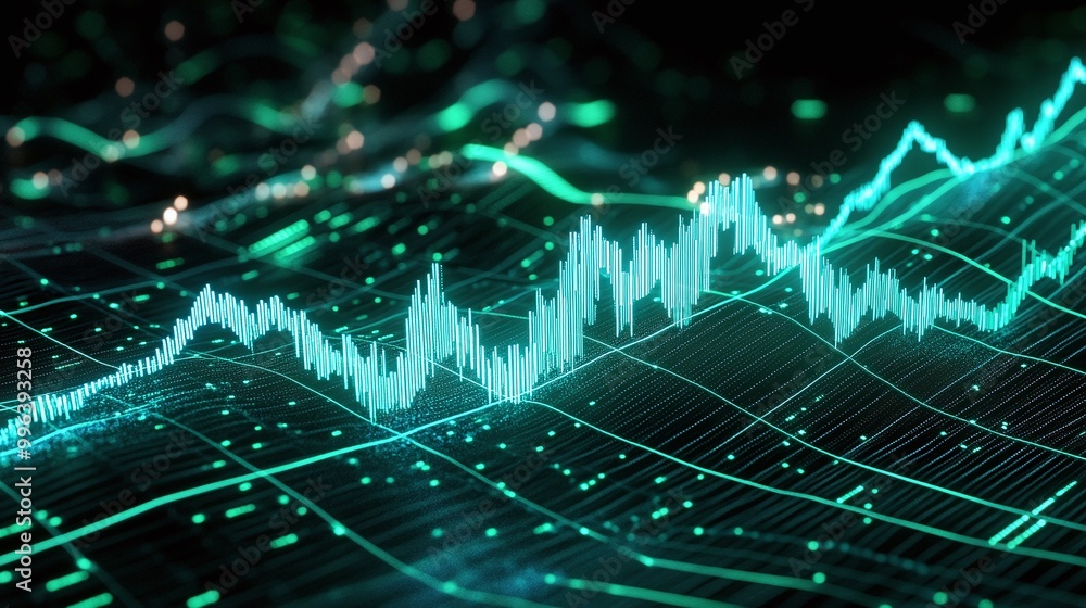 Poster abstract visualization of data analysis with glowing lines and graphs showcasing trends and fluctuat