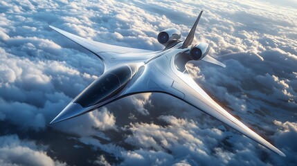 Futuristic Airplane Flying Above Clouds at Sunset.