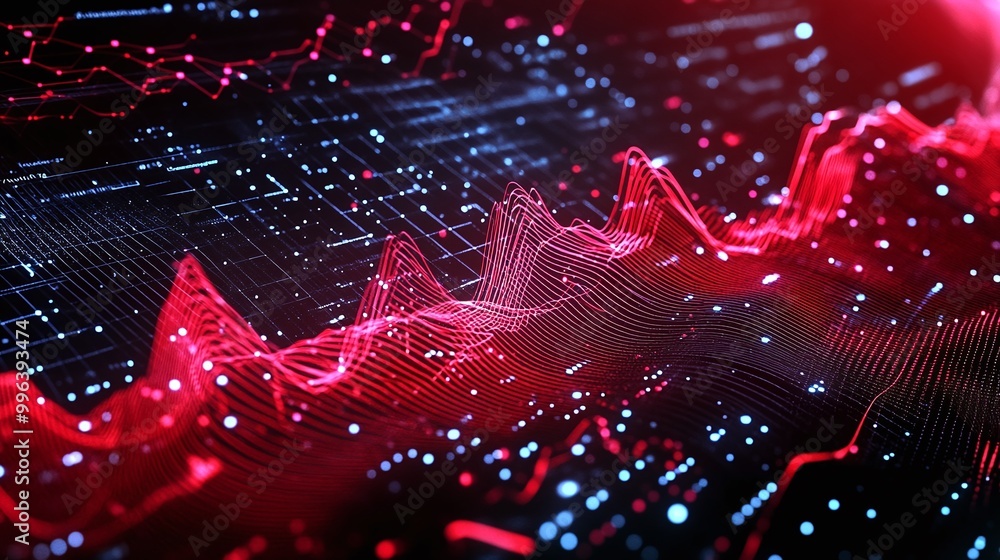 Poster abstract visualization of data transmission in red and blue tones, showcasing waves and particles in