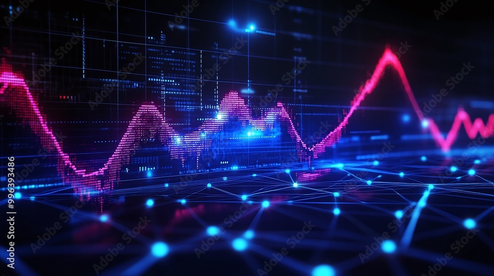 Poster abstract visualization of data trends on digital display with vibrant colors and dynamic graphs.