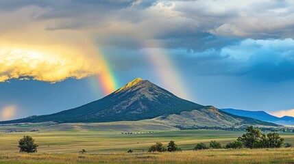 Mountain adorned with a vibrant rainbow under a cloudy sky above tranquil fields Nature s beauty unveiled after a storm Ideal backdrop for design projects and celebrations