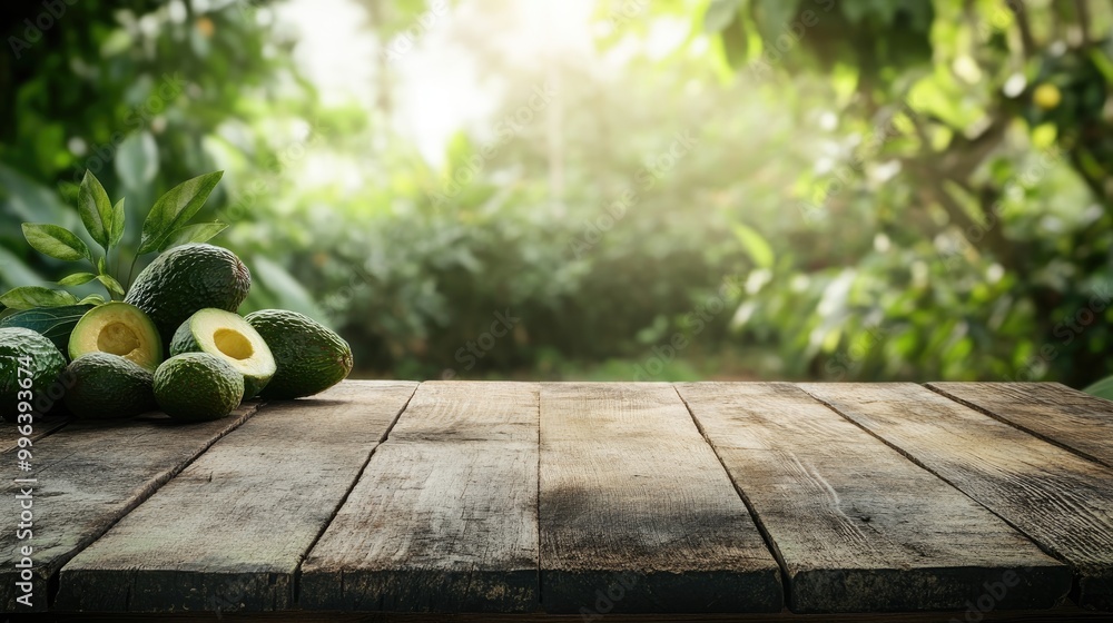 Poster rustic wooden table with empty space showcasing avocado plants in the background and fruits on the s