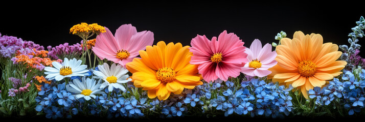 A vibrant mix of colorful flowers against a dark background.