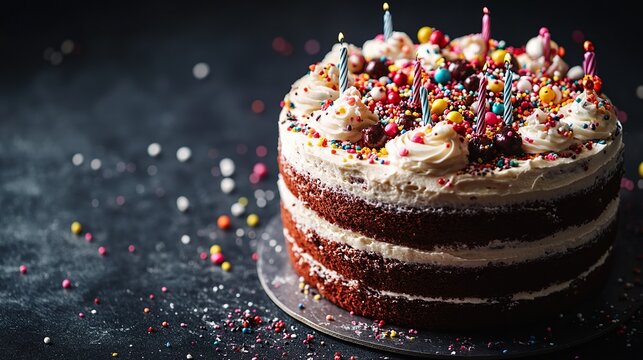 Multi-Layered Birthday Cake with Frosting and Toppings