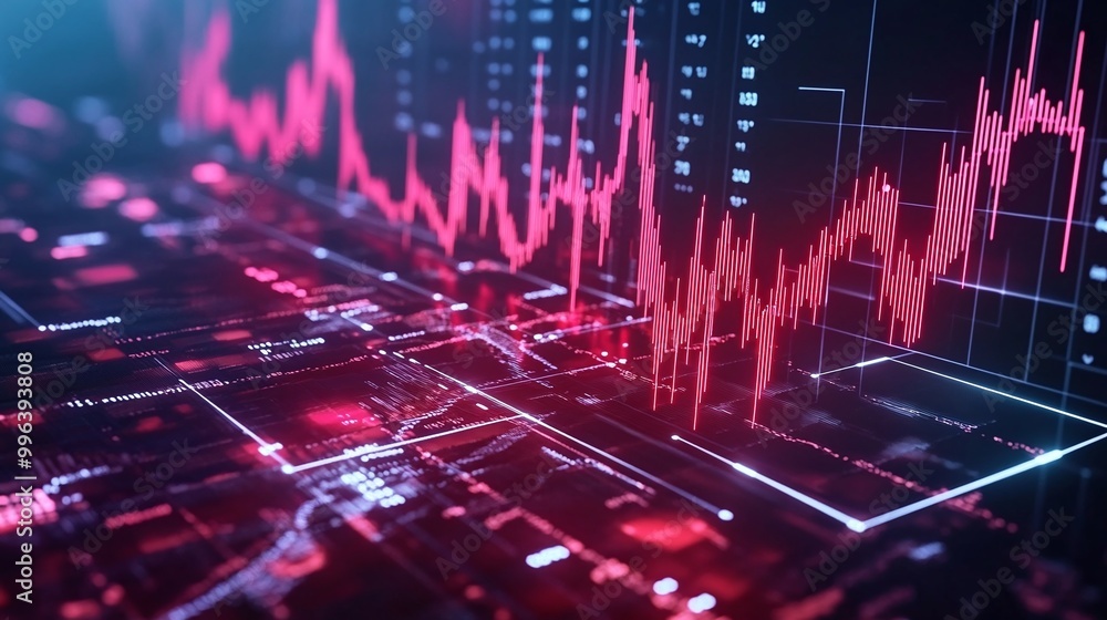 Poster abstract visualization of digital data analysis, featuring vibrant red graphs against a dark backgro