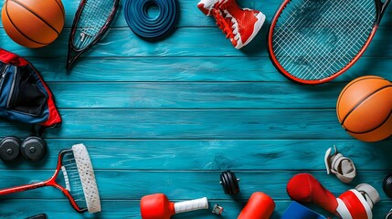 Flat Lay of Assorted Gym and Sports Equipment with Copy Space for Advertising