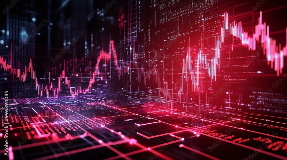 Poster abstract visualization of digital financial data with graphs and lines in vibrant red color on a dar