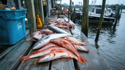 A fishermans catch of the day, with several fresh fish spread out on the dock, freshly harvested from the sea.