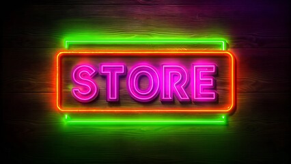 a wooden sign shining with neon red and green  light with the name "Store"