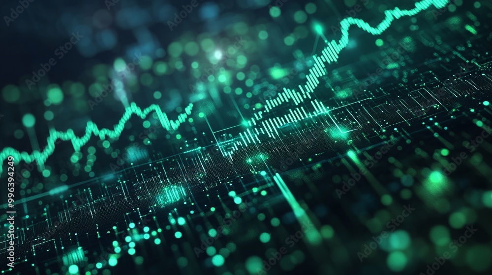 Poster abstract visualization of financial data represented by glowing green graphs and digital elements on