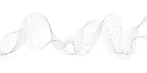 Abstract grey, white smooth element swoosh speed wave modern stream background. Wave with lines created using blend tool. Abstract frequency sound wave lines and twisted curve lines background.	
