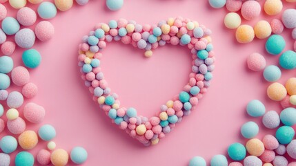Obraz premium Pastel colored ball heart frame on a pink background featuring mixed colorful sugar balls for decorating sweets A playful expression of love through vibrant candies and confectionery