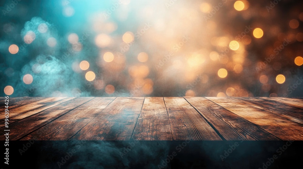 Poster wooden stage for special events with a soft blurred bokeh smoke background providing an empty space 
